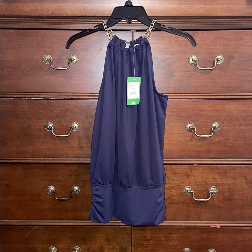 NWT Lilly Pulitzer Bowen Top in Navy Blue, Sleeveless Halter top Gold Chain Neck
